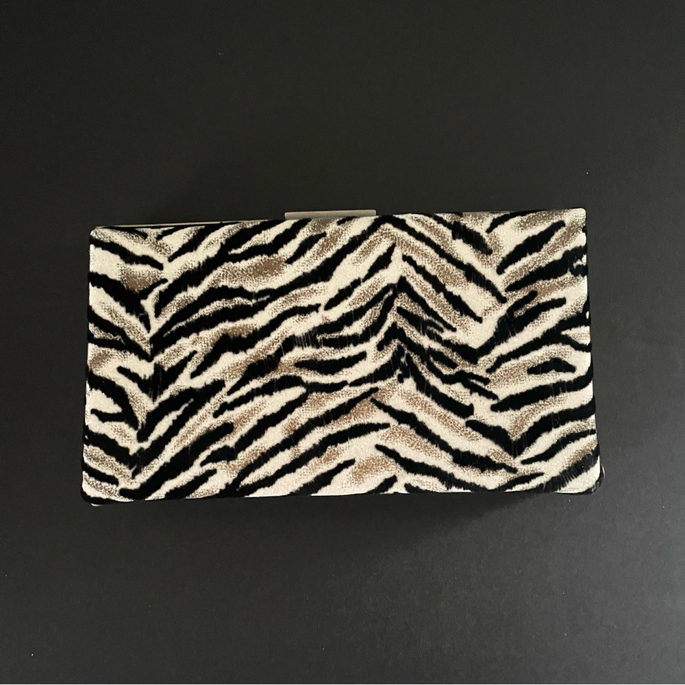 Far Nine flocked tiger print metal chain handle purse size 8.25 x 4.5 x 1.5.